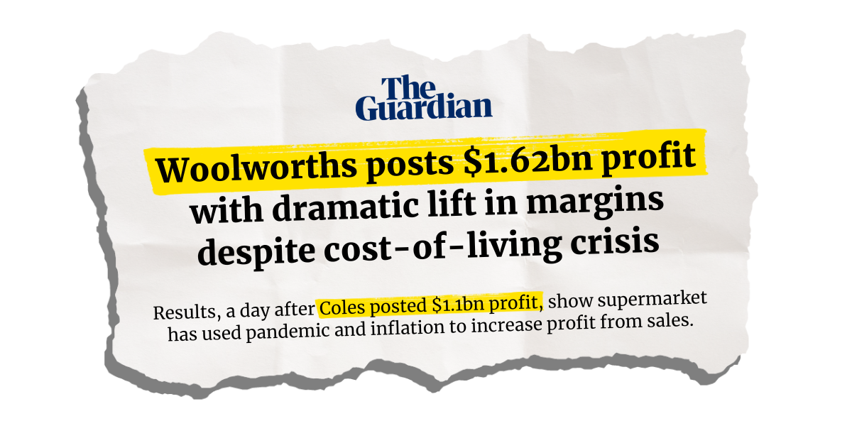 Newspaper cutout of a Guardian article with the headline "Woolworths posts $1.62bn profit with dramatic lift in margins despite cost-of-living crisis".